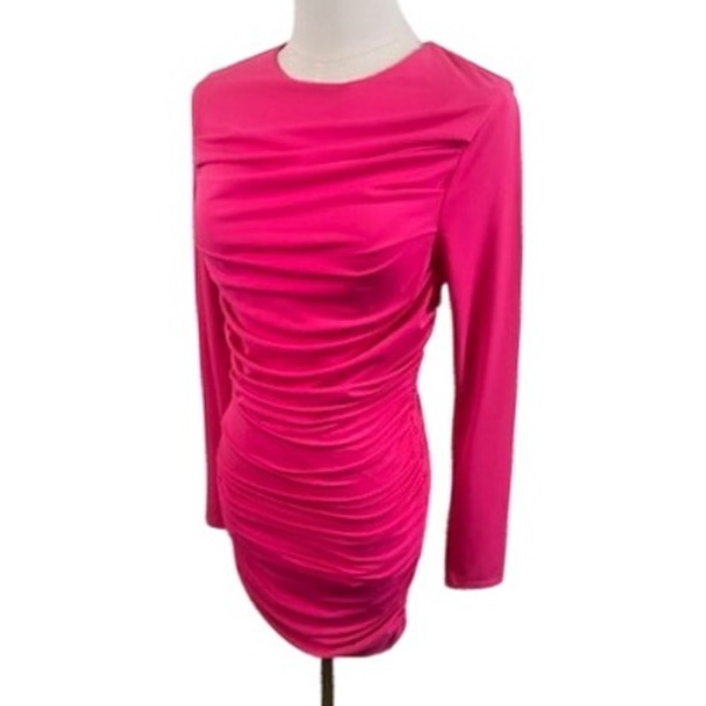 NWT Alice + Olivia Wild Pink Hot Pink Long‎ Sleeve Ruched Mini Dress Size 6 $395